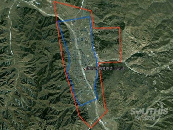 围场县城航空摄影(红色框)和三维建模(蓝色框)项目范围